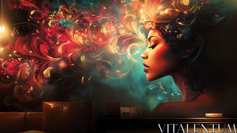 Colorful female portrait mural with swirling abstract light.