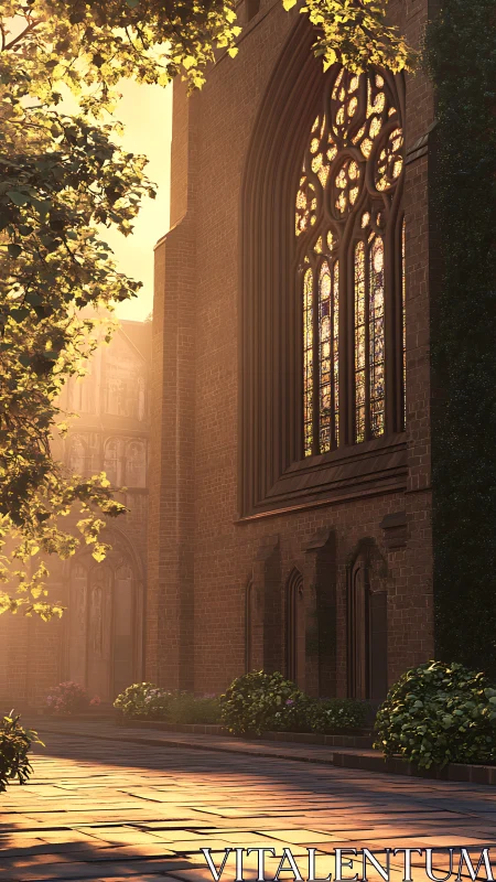 Golden cloister glow bathing stained-glass cathedral walls.