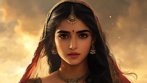 Regal portrait of Indian woman in warm cinematic backlight.