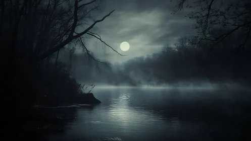 Full moon over dark misty forest lake at night.