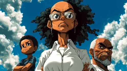 Tri-generational characters confront viewer with heroic low-angle framing