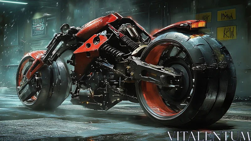 Futuristic red cyber bike idles in a rain-soaked alleyway.