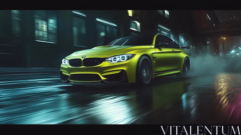 Neon yellow coupe racing through slick midnight city streets.