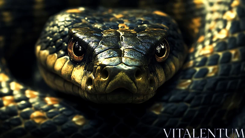 Macro close-up of coiled snake head with reflective scales and eyes