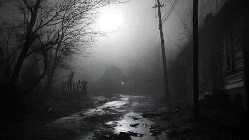 Moonlit ruin road swallowed by fog and spectral silence.
