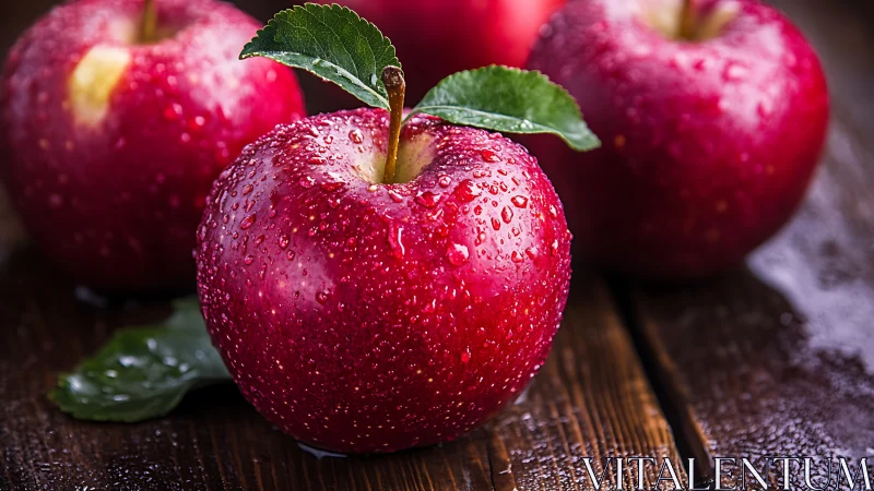 Ripe red apples glisten with fresh dew on rustic wood.