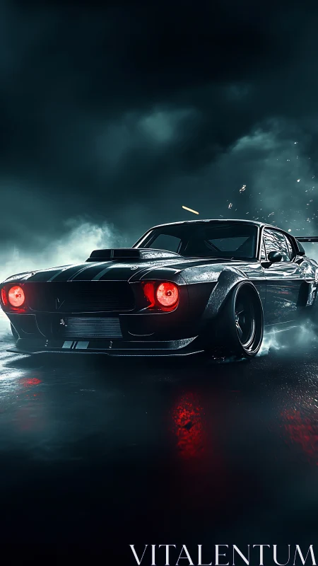 Night-stalking muscle car hunts the neon-soaked storm road.