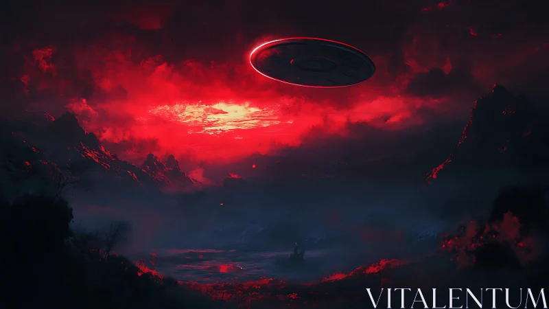 Massive UFO hovers above red storm over shadowed valley