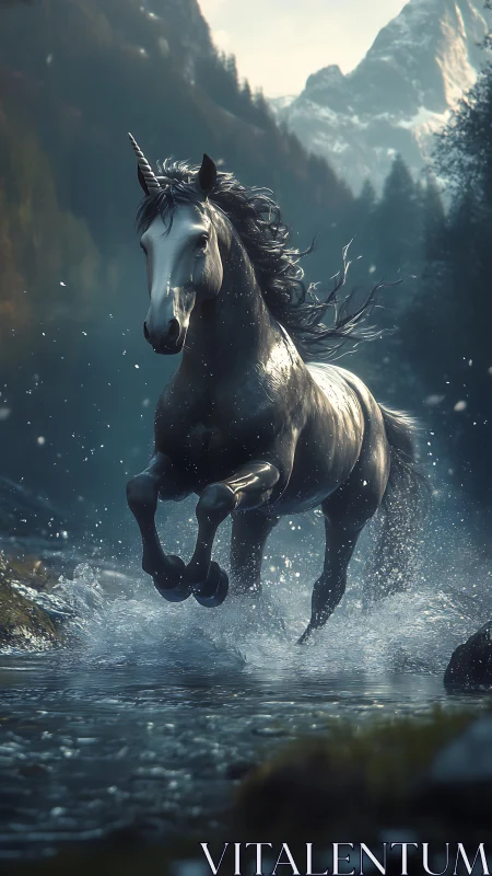 Unicorn running through a cold mountain stream at dusk.