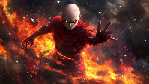 Bald humanoid figure advancing through dense surrounding fire.