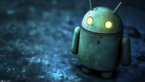 Weathered android mascot with glowing eyes on metal floor.