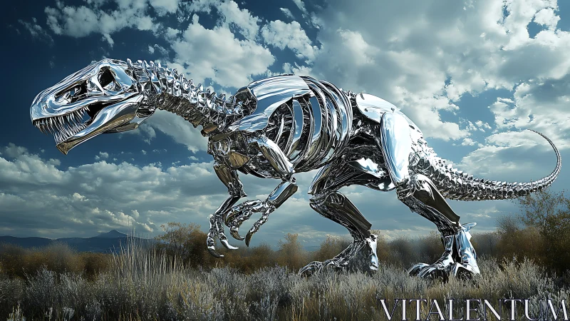 Chrome thunder lizard strides beneath storm-bright desert sky.