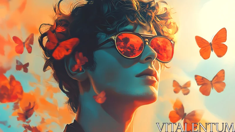 Stylized portrait of youth with butterflies and sunglasses.