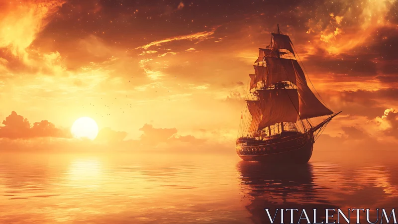Golden sunset voyage with a peaceful tall sailing ship.