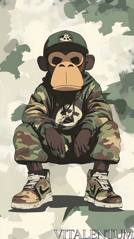 Urban camo monkey character squats in stylized portrait