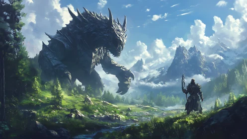 Armored warrior confronts colossal dragon in misty valley