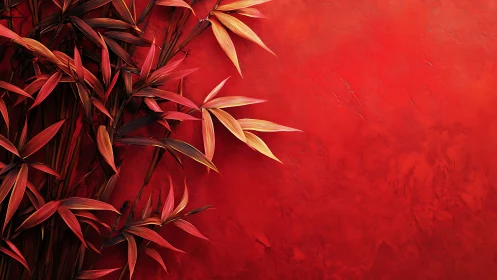 Red bamboo leaves against textured monochrome red wall.