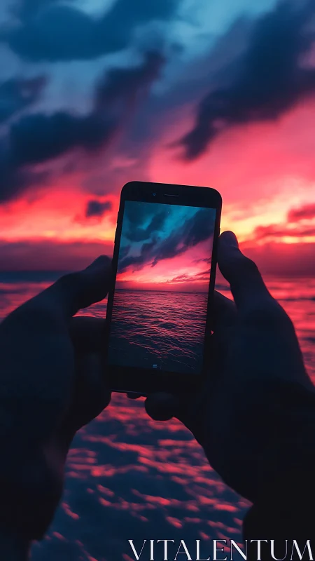 Hands hold smartphone capturing vivid ocean sunset