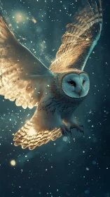 Starlit barn owl surfing luminous snow in midnight hush.