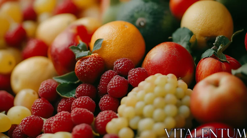 Raspberry clusters amid glossy mixed fruit in soft focus.
