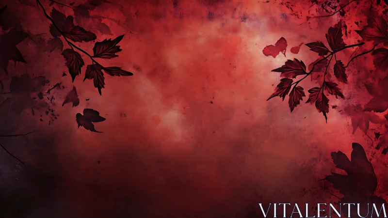 Crimson foliage silhouettes drift across a smoky abstract sky