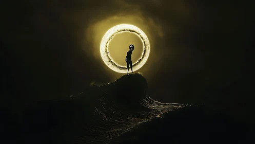 Silhouetted figure beneath circular luminous celestial body.