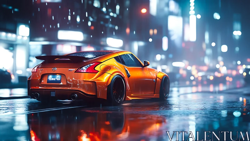 Bright orange sports car glowing in a rainy neon city night.