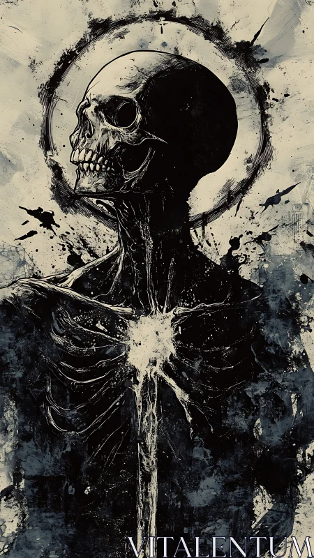 Skeletal torso with halo and splatter ink background.