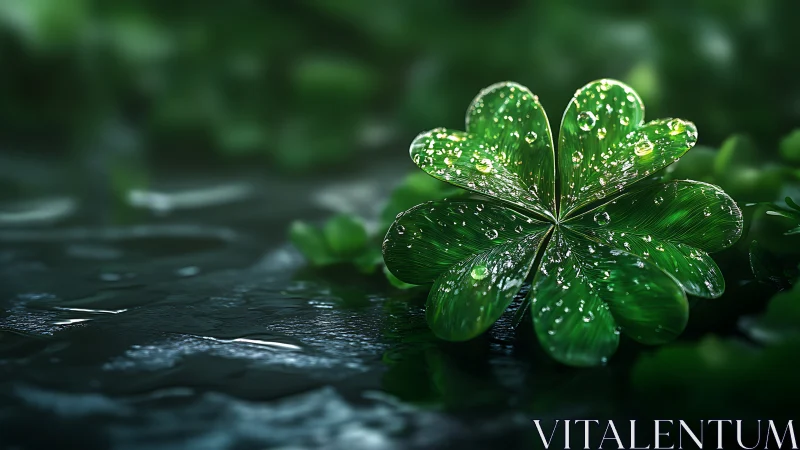 Multi-leaf green clover with water droplets on wet surface.