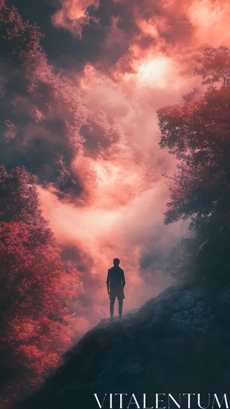 Glowing sky welcomes a lone hiker into a dreamy forest path