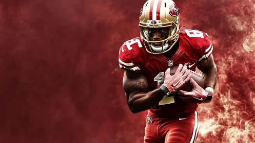 Powerful football runner charges forward in bold red energy