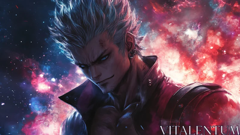 Brooding silver-haired warrior stands against glowing cosmos