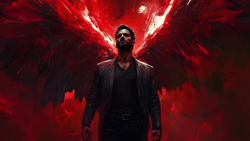 Dark winged figure in crimson abstract digital aura.