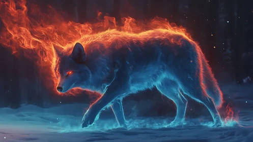 Bioluminescent fire wolf strides through icy twilight forest.