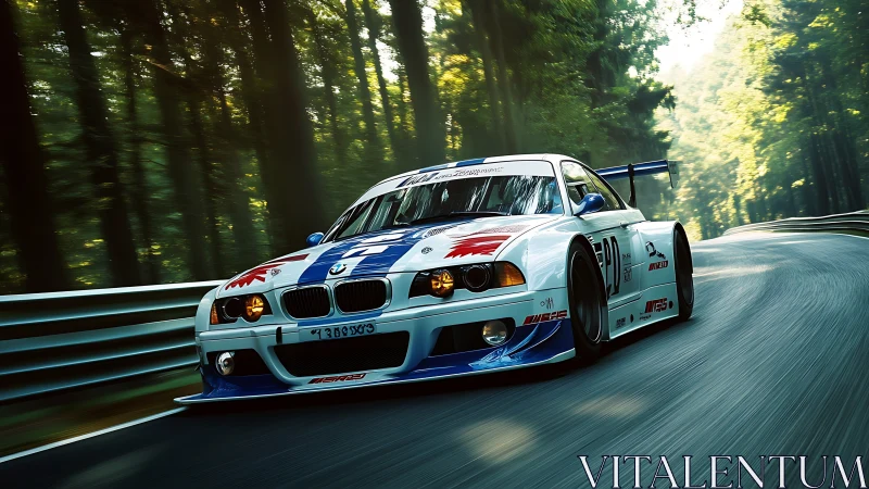 GT-spec touring car attacking forest apex with aero precision.