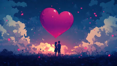 Couple Beneath Colossal Heart in Twilight Landscape