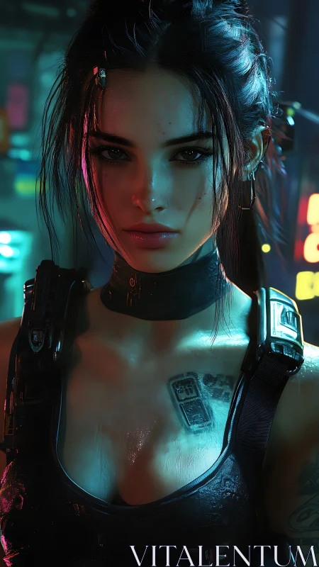 Cyberpunk heroine stares defiantly through neon city haze