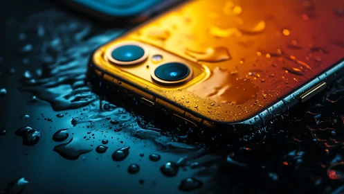 Smartphone close-up on wet surface with water droplets.