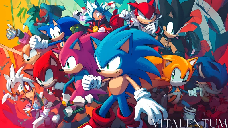 Multicharacter hedgehog ensemble in dynamic chromatic motion.