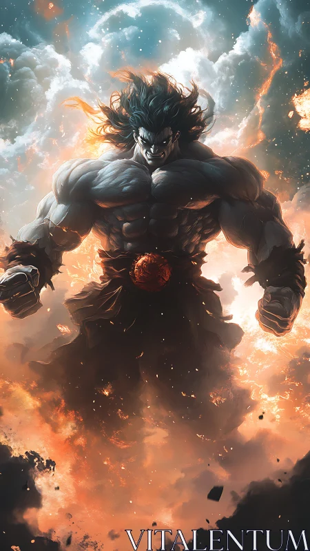 Mythic warrior rises through stormlit inferno skies.