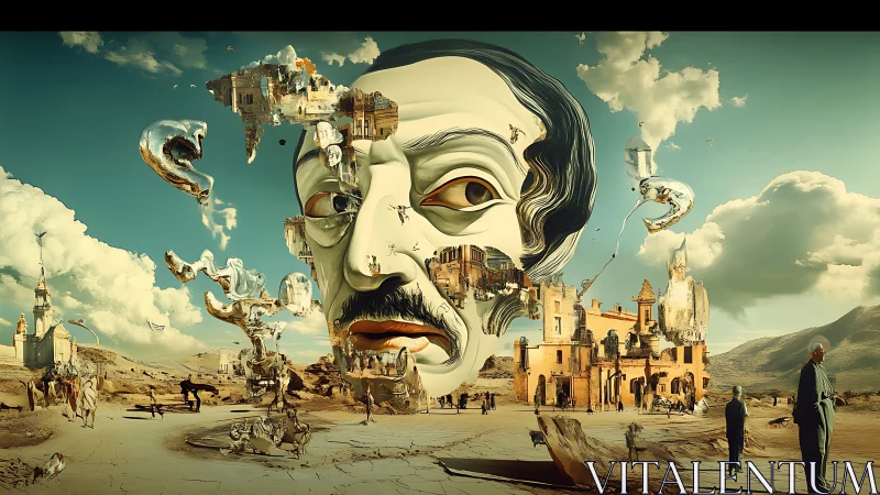 Surreal desert cityscape frames fragmented colossal face