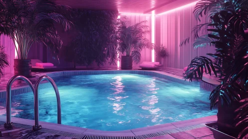 Neon-illuminated indoor pool with tropical foliage rendering.
