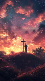 Silhouette beside cross under luminous nebula sky at dusk.