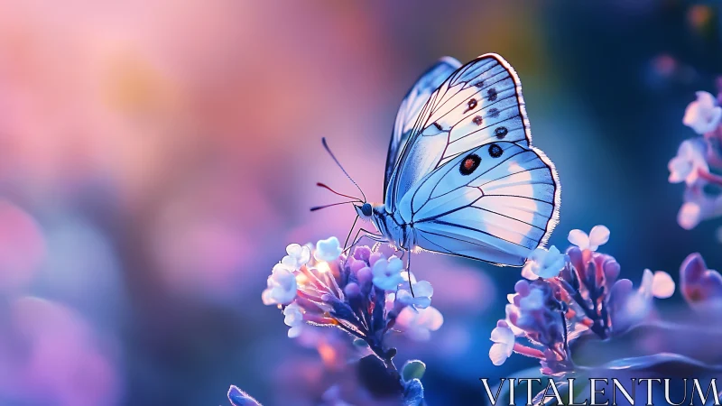 Gentle white butterfly rests in dreamy pink and blue light