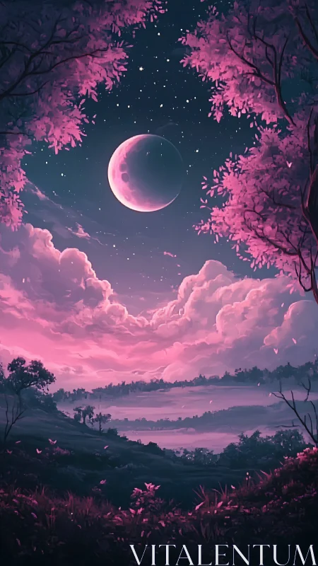 Crescent moon illuminates pink twilight valley landscape