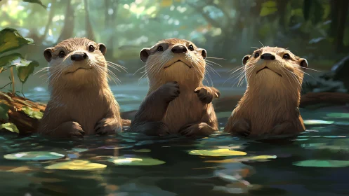 Curious otter trio quietly surfaces in a dappled forest pool