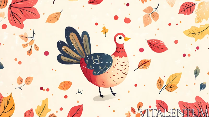 Stylized autumn bird surrounded by falling leaves and berries