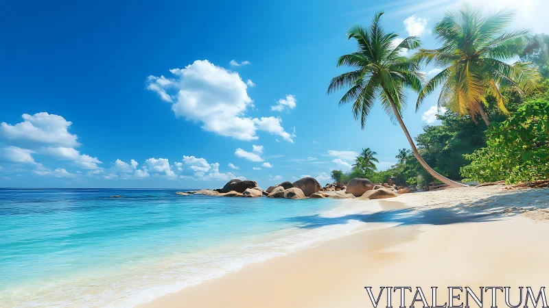 Tropical beach with turquoise water, palm trees, and granite boulders.