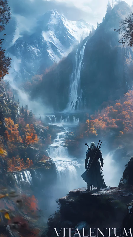 Wanderer at the misty mountain falls of a quiet frontier.