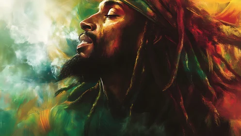 Reggae dreamer inhaling light in swirling paintstorm calm.